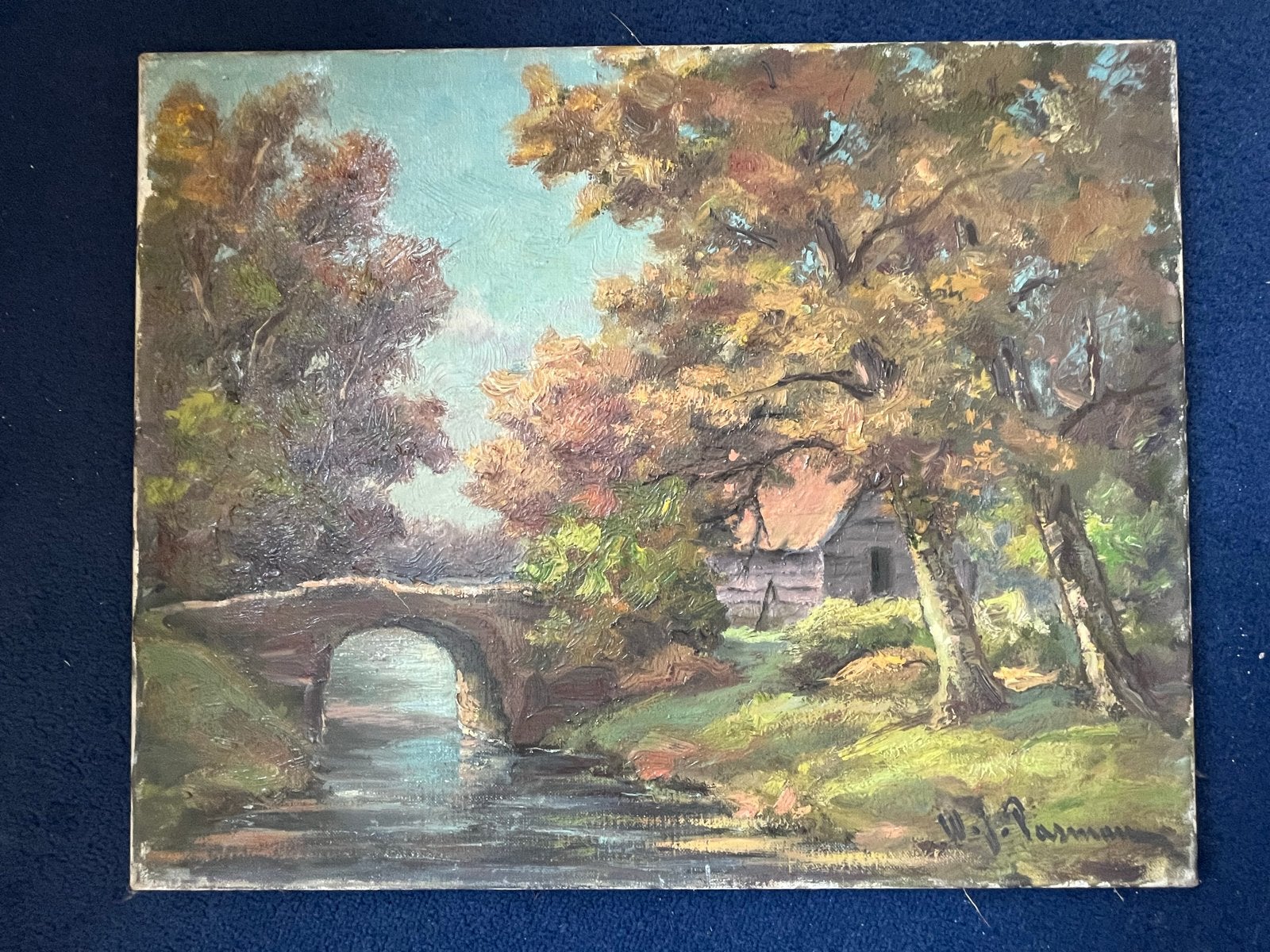 W.J. Pasman Schilderij - Landschap met brug en huisje, Ophalen of Verzenden