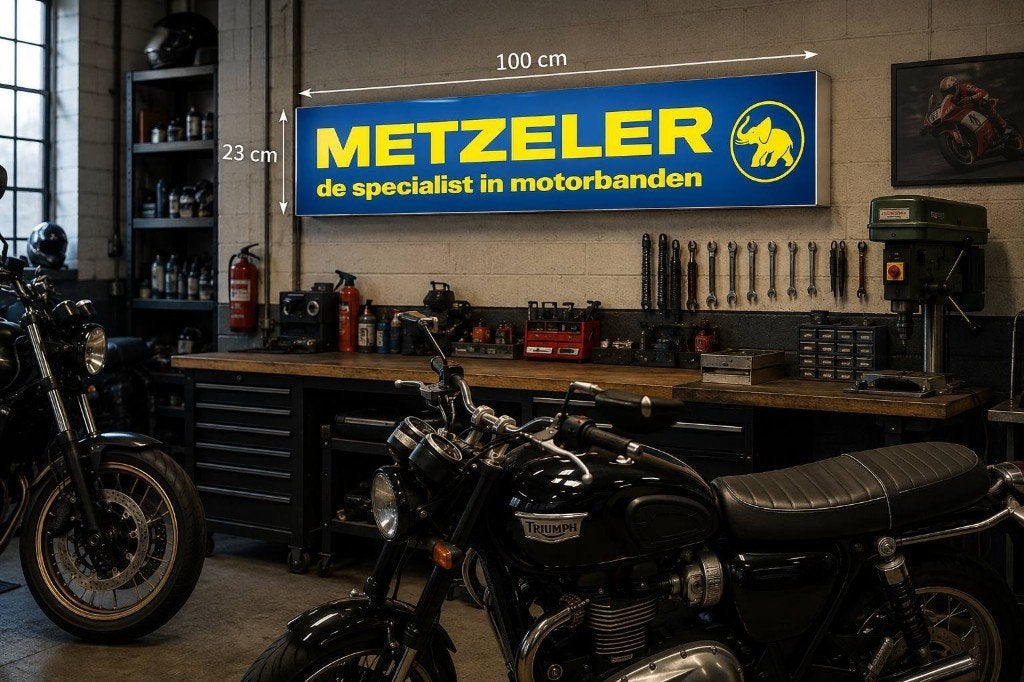 Vintage lichtbak van METZELER de specialist in motorbanden., Verzamelen, Ophalen, Gebruikt, ., Lichtbak of (neon) lamp