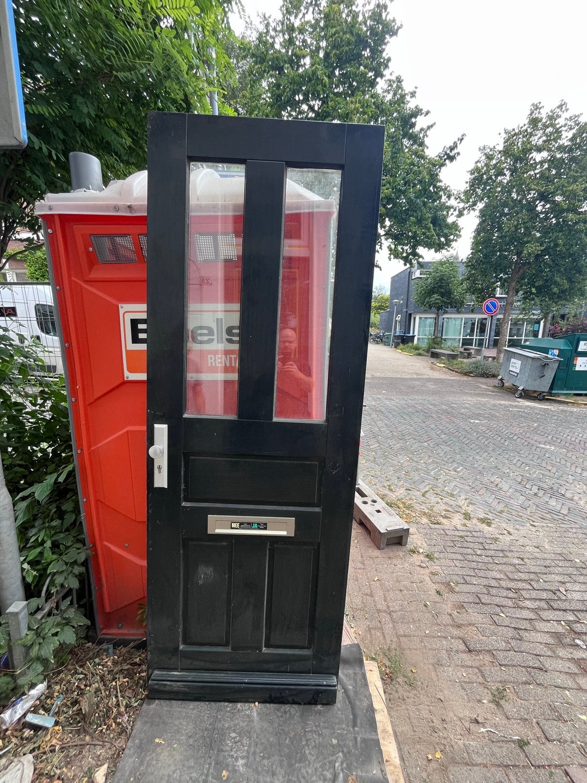 voordeur merbau met glas en brievenbus, Ophalen, Gebruikt, 80 tot 100 cm, Buitendeur
