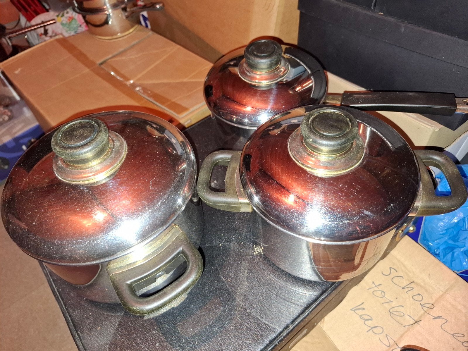 RVS Pannenset: Steelpan en 2 Kookpannen, Gebruikt, Pannenset, Ophalen of Verzenden, Rvs