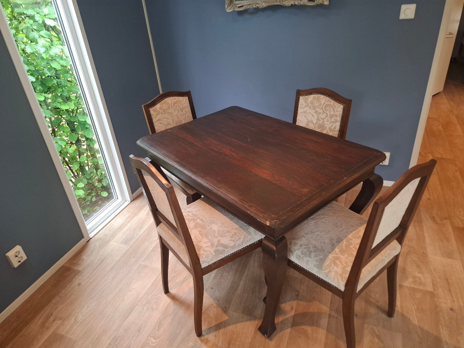 Set Eettafel en stoelen.  Barok. Vintage. Retro. Brocante, Gebruikt, 100 tot 150 cm, Rechthoekig, 50 tot 100 cm