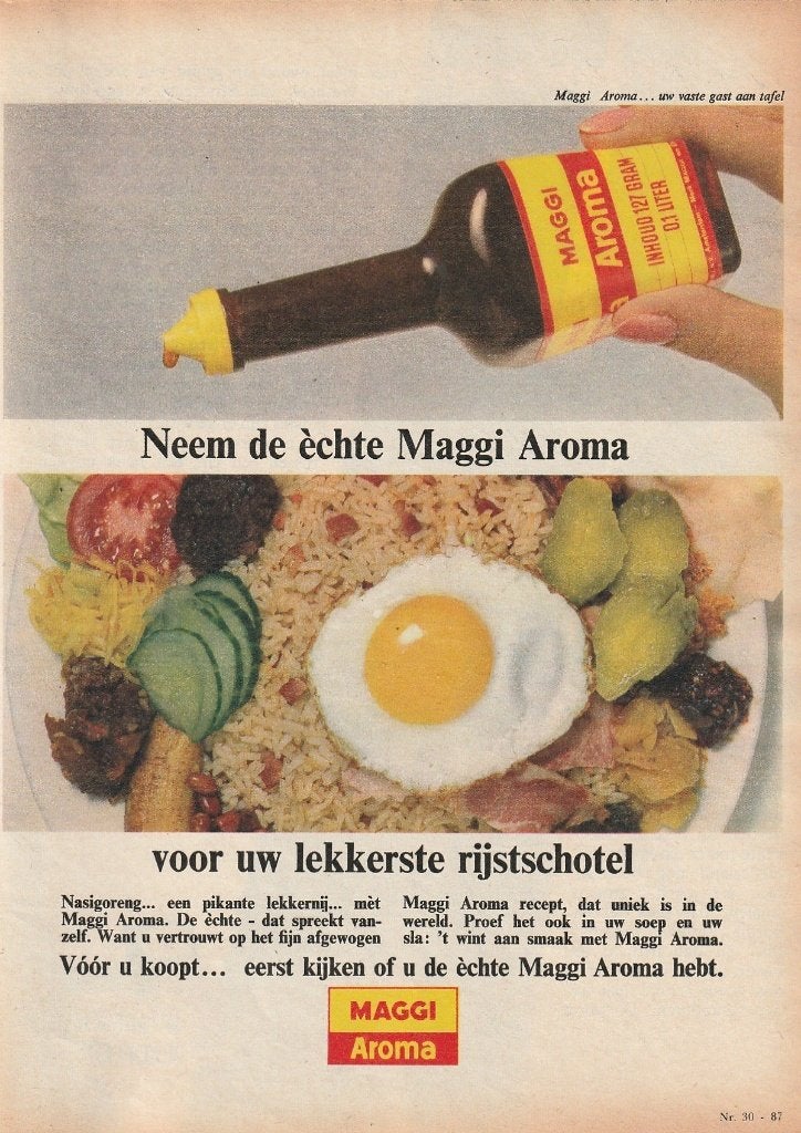 retro reclame 1964 Maggi Aroma flesje op nasi met ei, Verzamelen, Retro, Verzenden, Overige typen