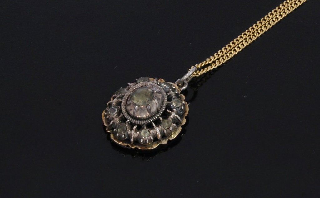 Glas roos diamant antieke 14k gouden ketting hanger zilver, Ophalen of Verzenden, Goud, Hanger, Met edelsteen