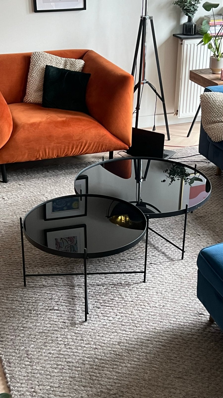 Zuiver 2 salontafels L en XL - Zwart glas en metaal, Ophalen, Gebruikt, Rond, 50 tot 100 cm