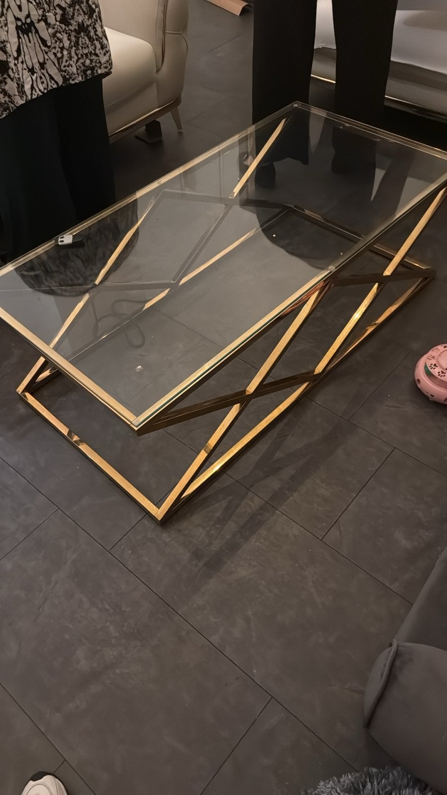 Luxe salontafel met glazen blad en gouden onderstel, Ophalen, 100 tot 150 cm, 50 tot 75 cm, Glas