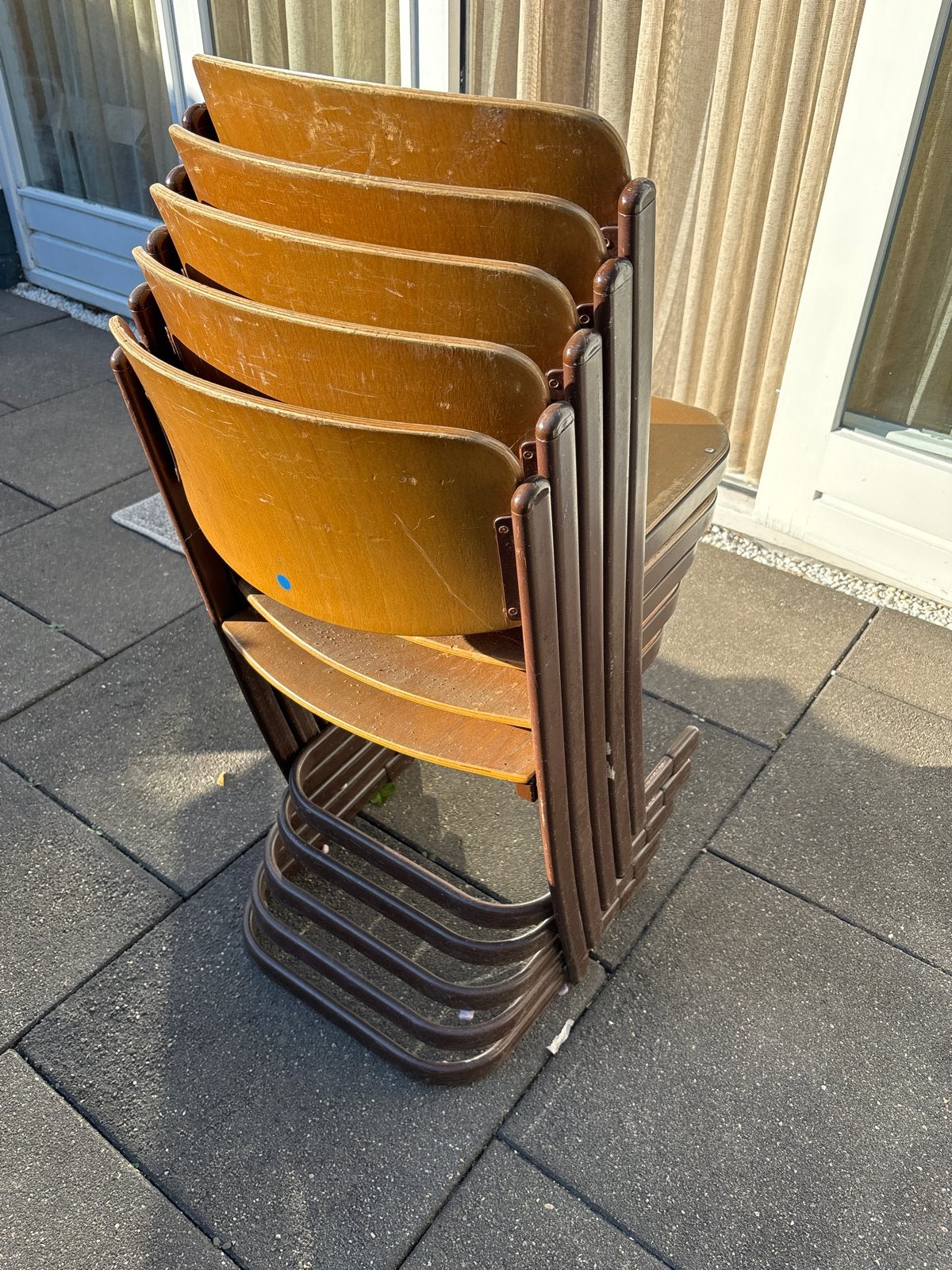 Vintage stapelbare schoolstoelen - set van 5, Ophalen, Gebruikt, Bruin, Vijf, Zes of meer stoelen