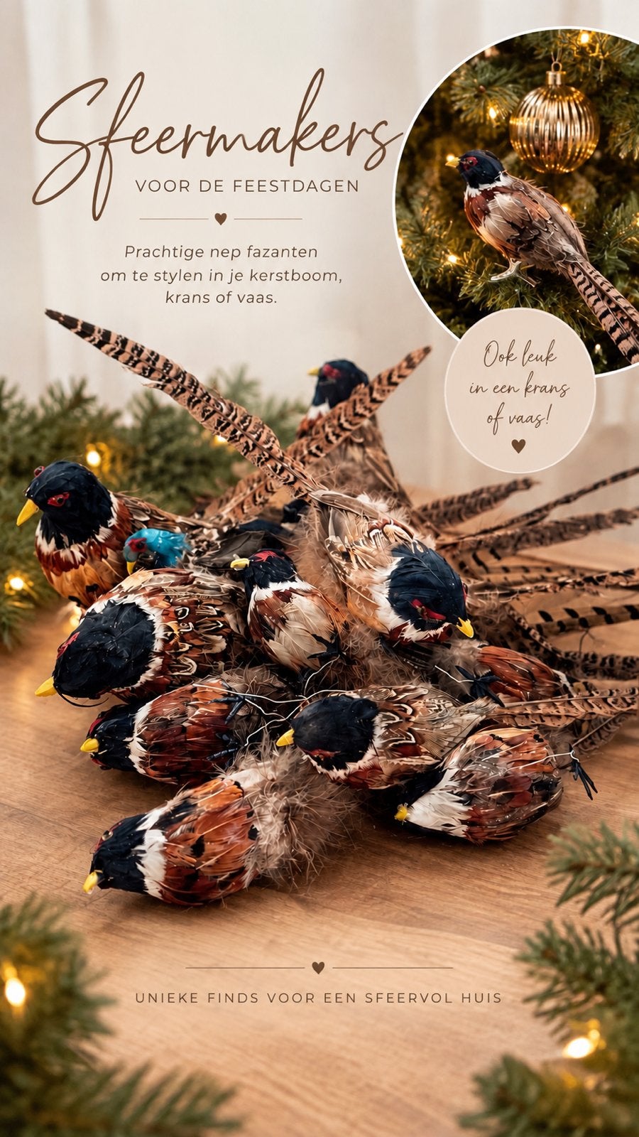 Prachtige Partij Luxe Kerstdecoratie: Kunstfazanten & Uil, Ophalen of Verzenden, Zo goed als nieuw