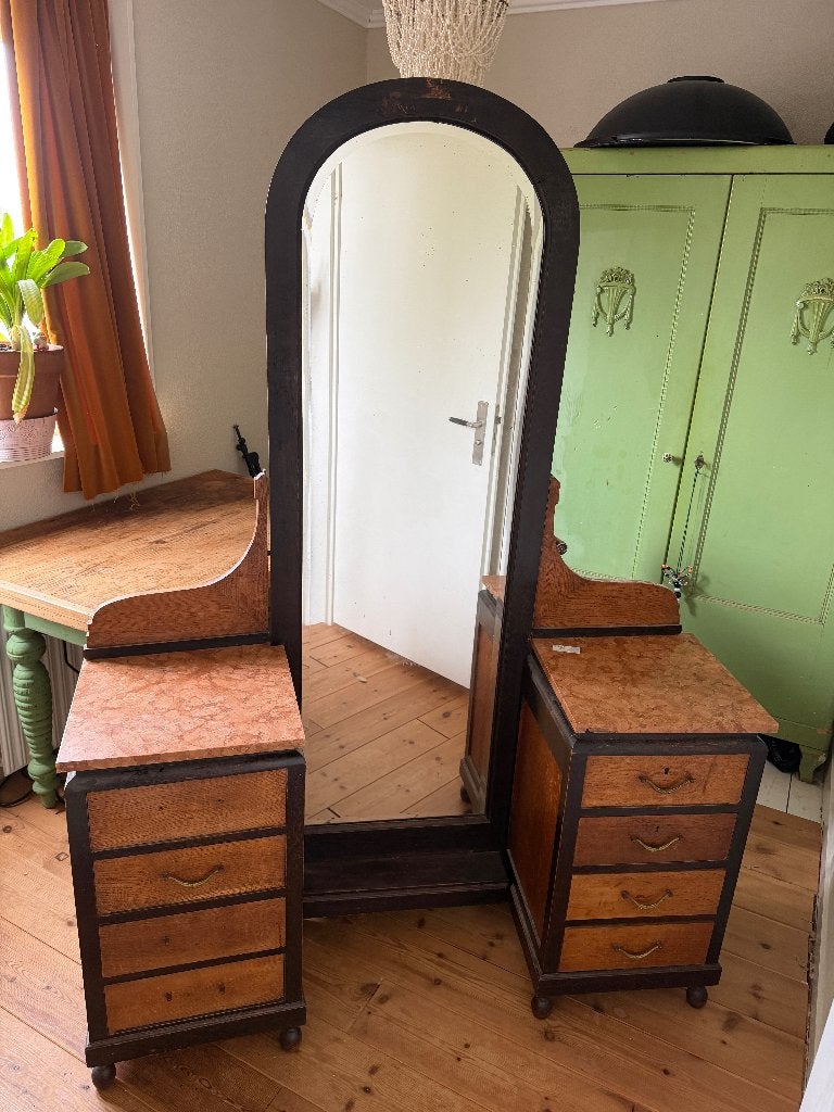 Antieke kaptafel met spiegel en lades, Ophalen, Gebruikt, 100 tot 150 cm, Klassiek, Antiek