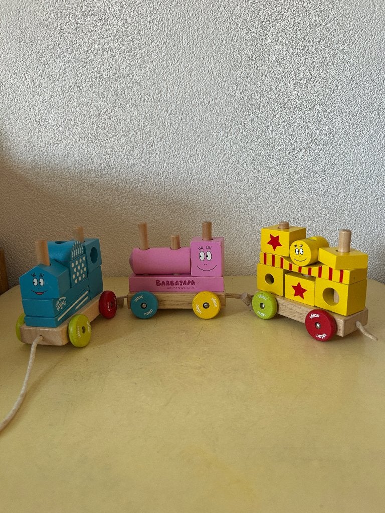 Vilac Barbapapa houten treintje met stapelblokken, Ophalen of Verzenden, Gebruikt, Duw- of Trekspeelgoed