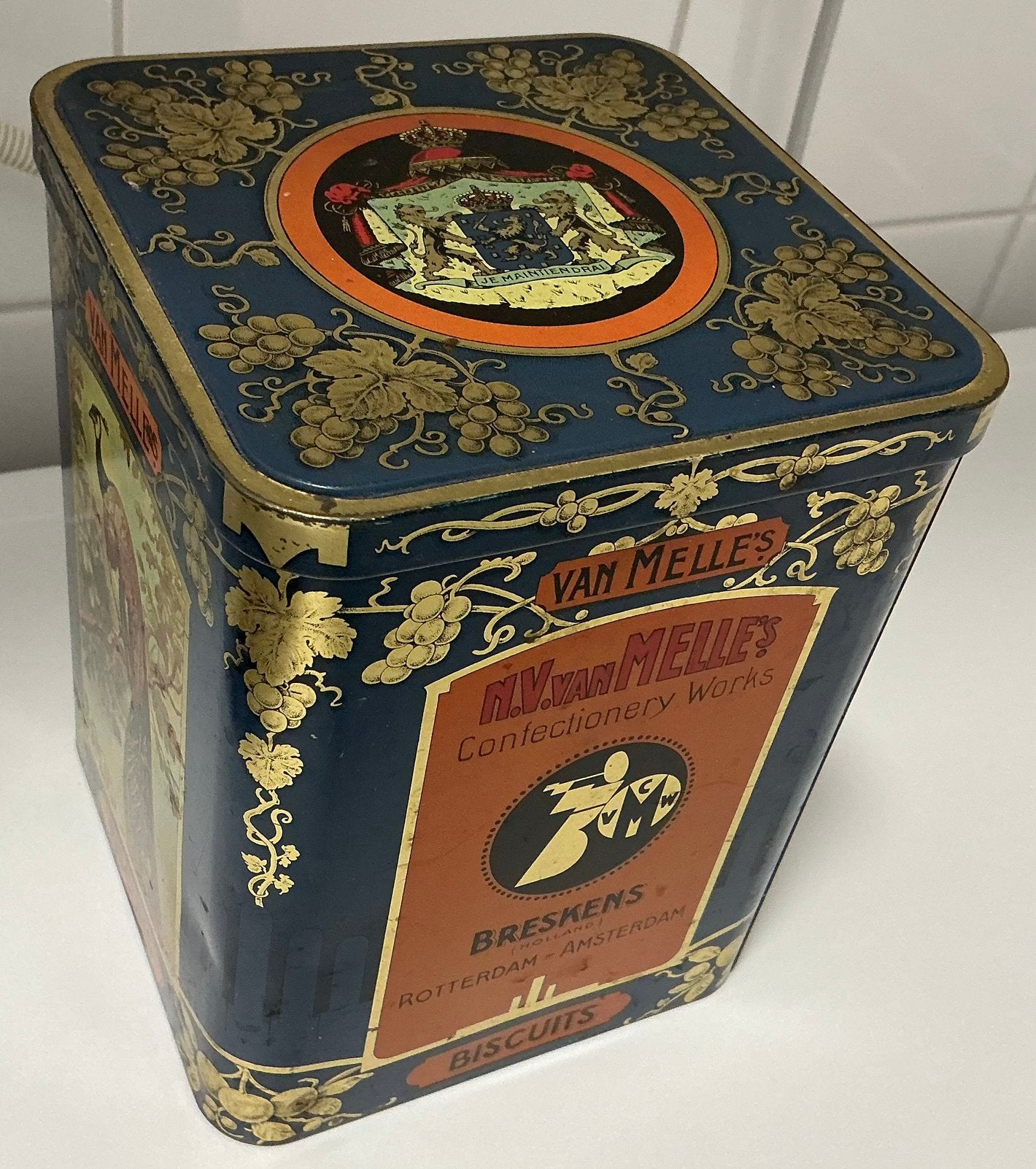 Oud mooi gaaf van Melle,s bisquit blik, Ophalen of Verzenden, Gebruikt, Koek(jes), Overige merken