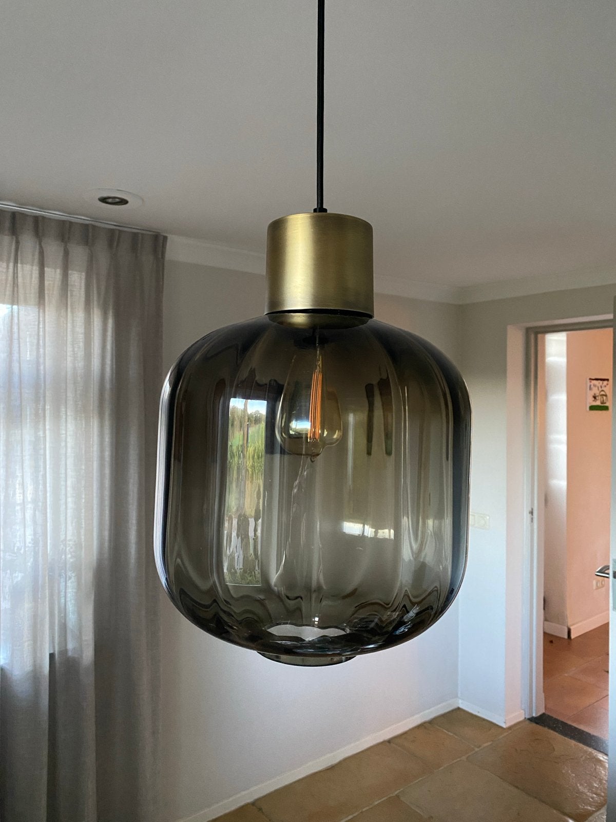 Masterlight hanglamp smoke glas en messing accent, Ophalen of Verzenden, Zo goed als nieuw, Glas, E27 (groot)