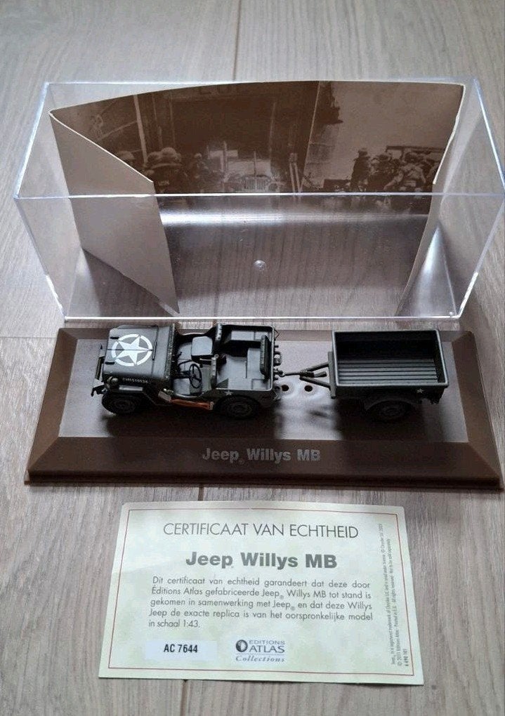 Jeep Willys MB schaalmodel met aanhanger en certificaat, 1:50 of kleiner, Auto, Zo goed als nieuw, Ophalen