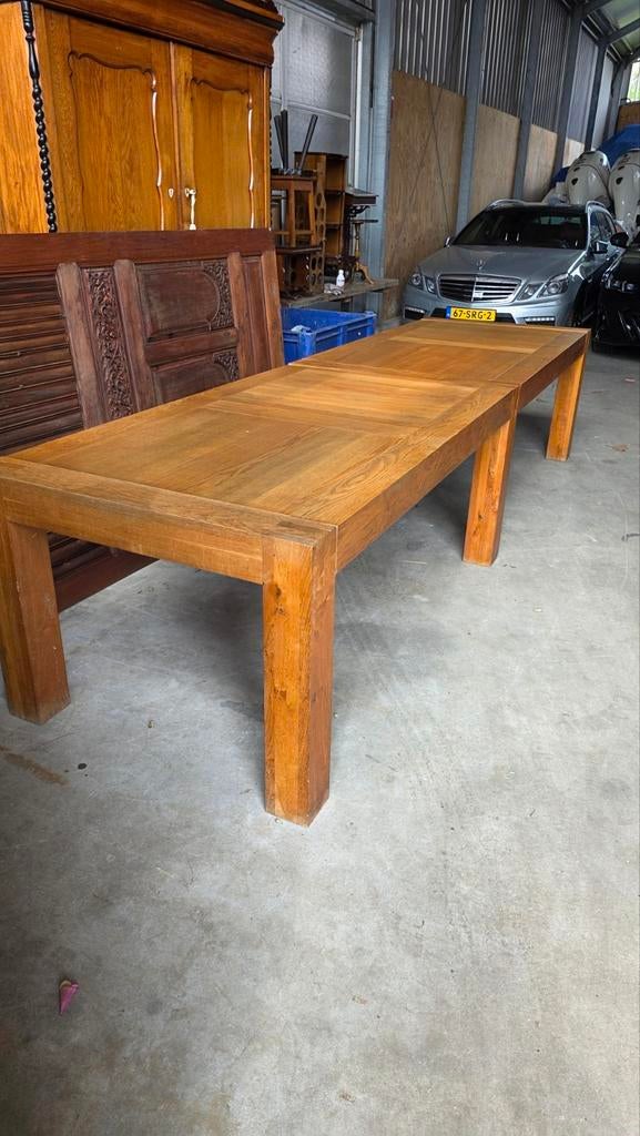 Eikenhouten blokpoot tafel 350 x 100, Antiek en Kunst, Ophalen of Verzenden