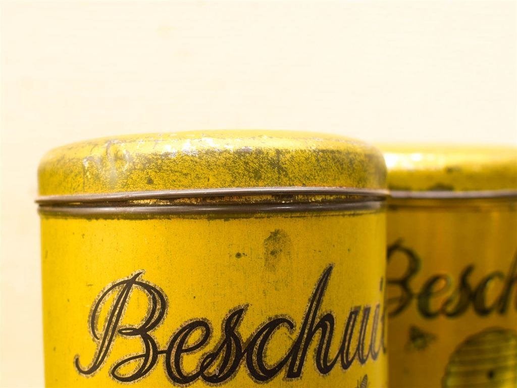 Vintage beschuitblikken Fabr. De Bijenkorf 52093, Antiek en Kunst, Ophalen of Verzenden