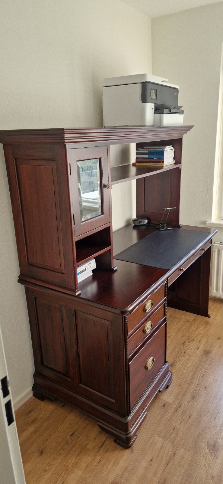 Klassiek enhels mahonie houten bureau met opbouw en lades, Ophalen, Hout, Bruin, Zo goed als nieuw