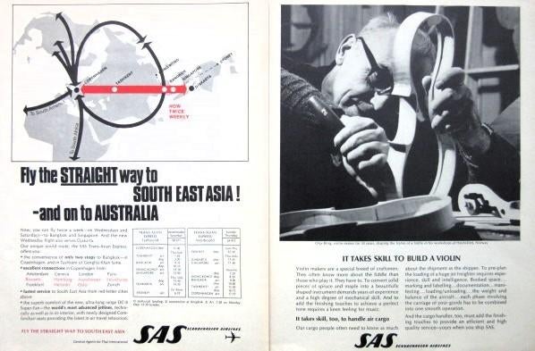7 vintage reclames Scandinavian airlines 68-73 SAS, Ophalen of Verzenden, Gebruikt, Kaart, Foto of Prent