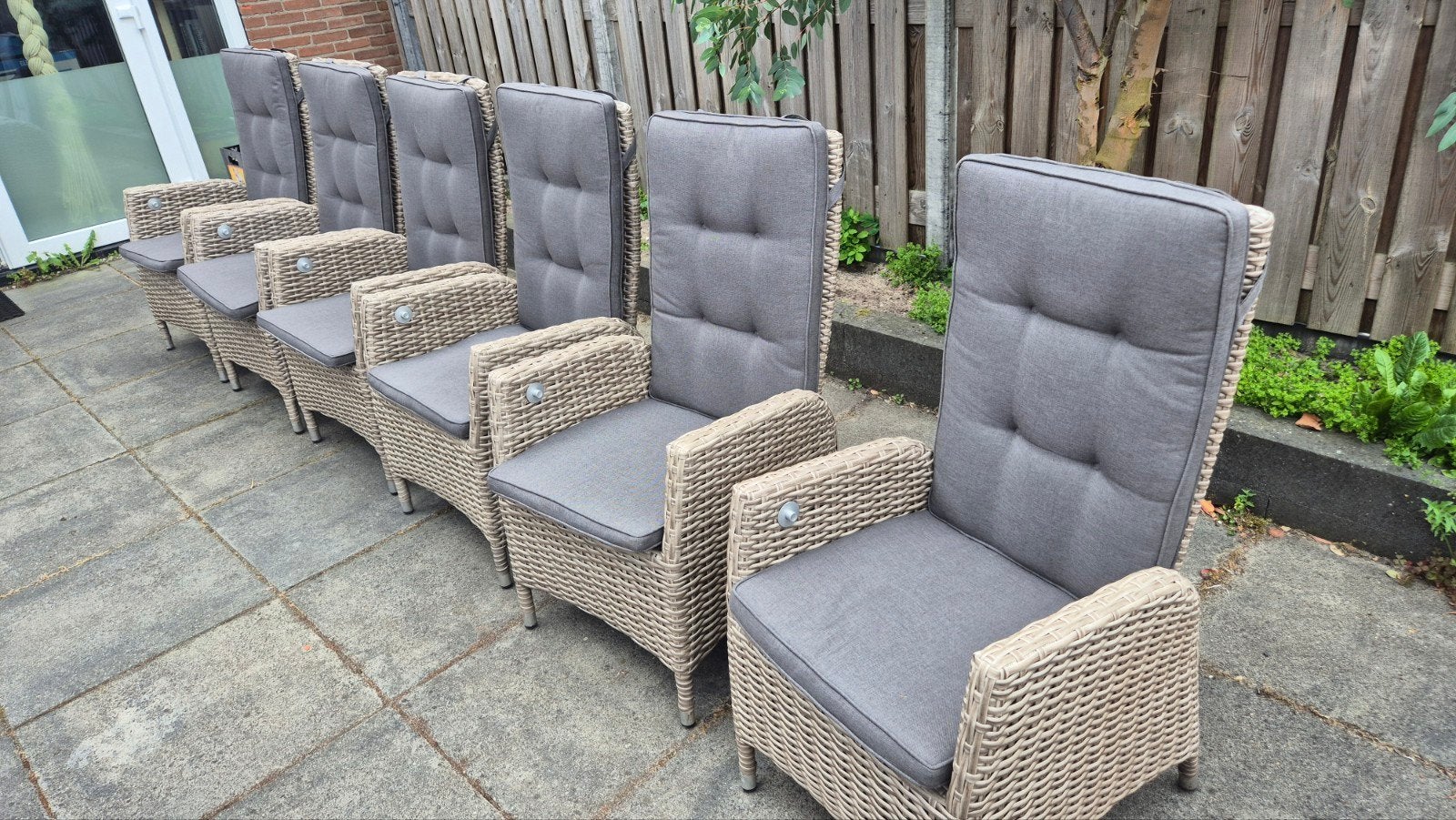 MOET WEG!: 6 diningtuinstoelen met verstelbare rugleuning, Ophalen of Verzenden, Zo goed als nieuw, Wicker, Verstelbaar