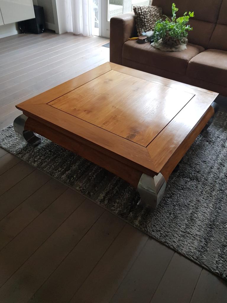 Massief Teak Opium Tafel met RVS Poten - 150x150cm, Huis en Inrichting, Tafels | Salontafels, Ophalen, Gebruikt, 100 tot 150 cm