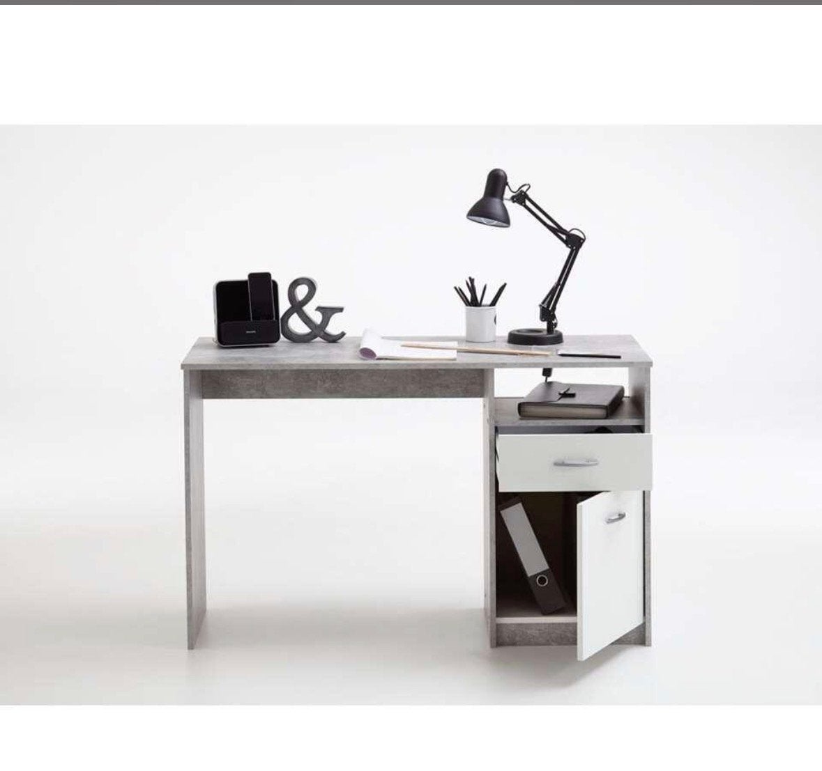 Modern grijs bureau met lade en kastje, Ophalen, Gebruikt, Met lades, Spaanplaat of MDF