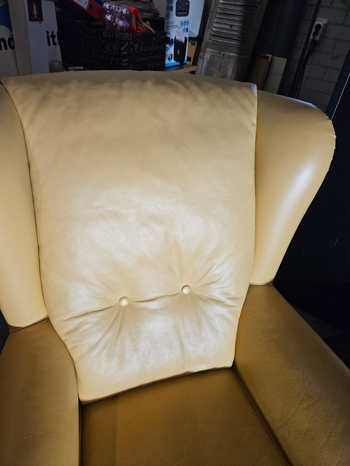 Leren fauteuil, beige, zo goed als nieuw, Huis en Inrichting, Fauteuils, Ophalen, Zo goed als nieuw, Leer, 75 tot 100 cm