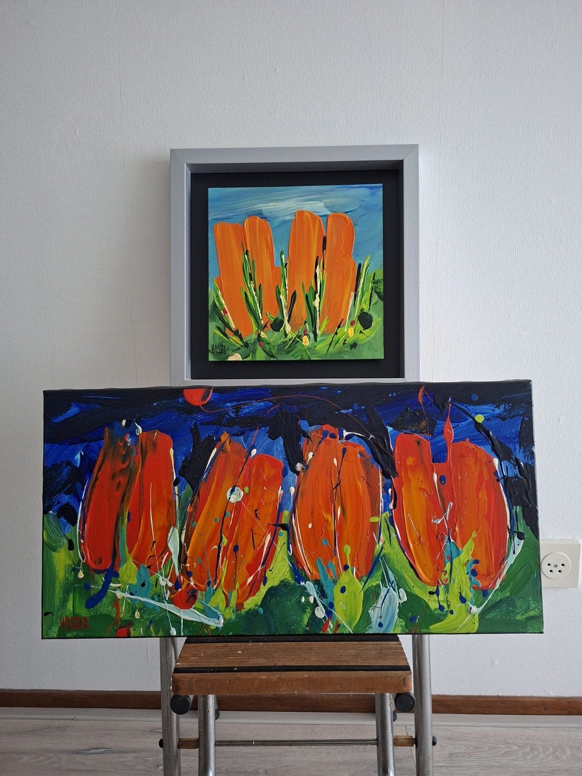 2 Schilderijen Tulpen - Ad van Hassel - Acryl op doek & MDF, Ophalen, Handgeschilderd, Acrylverf, Bloemen