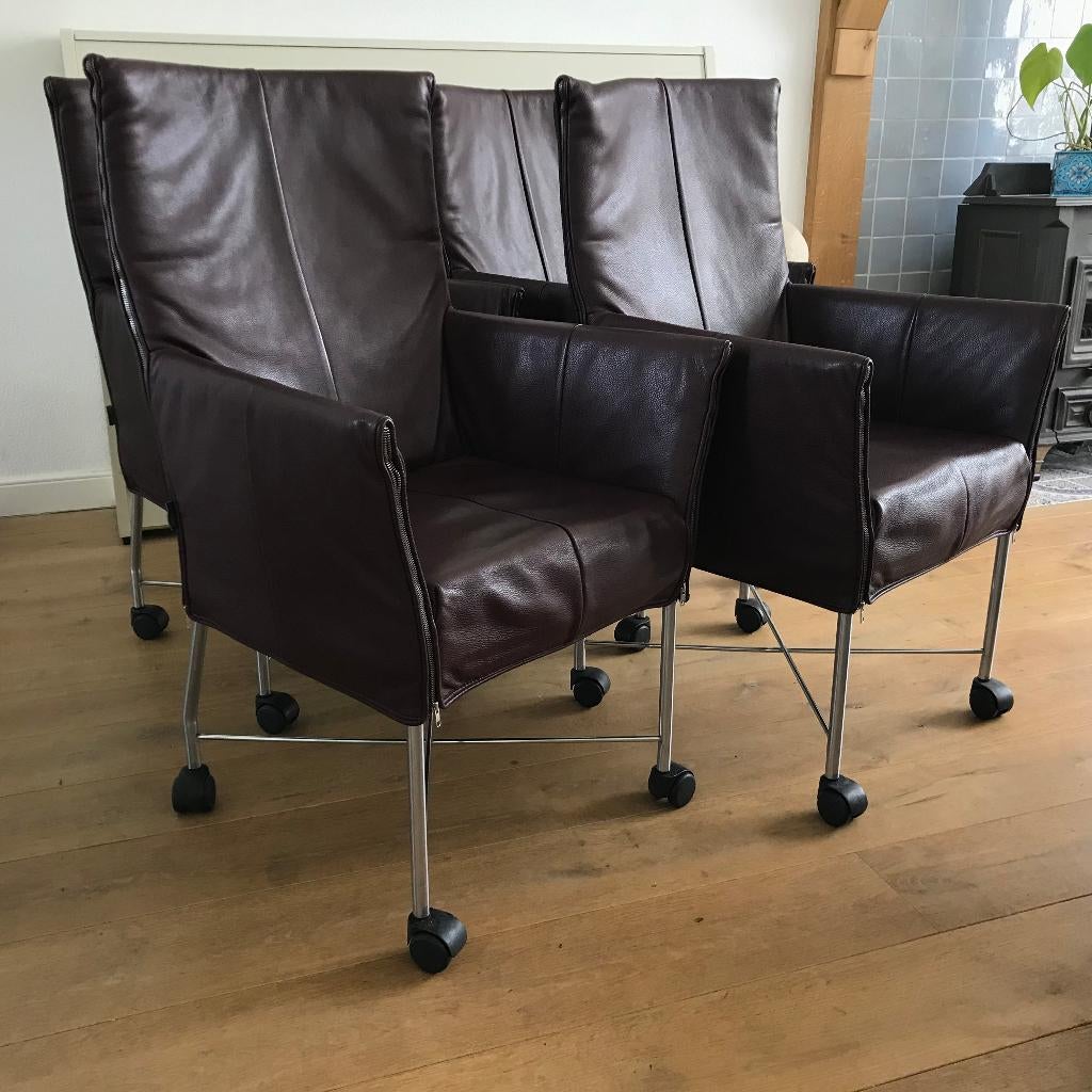 4 Montis Chaplin design stoelen modern bruin aubergine leer, Bruin, Leer, Ophalen of Verzenden, Nvt
