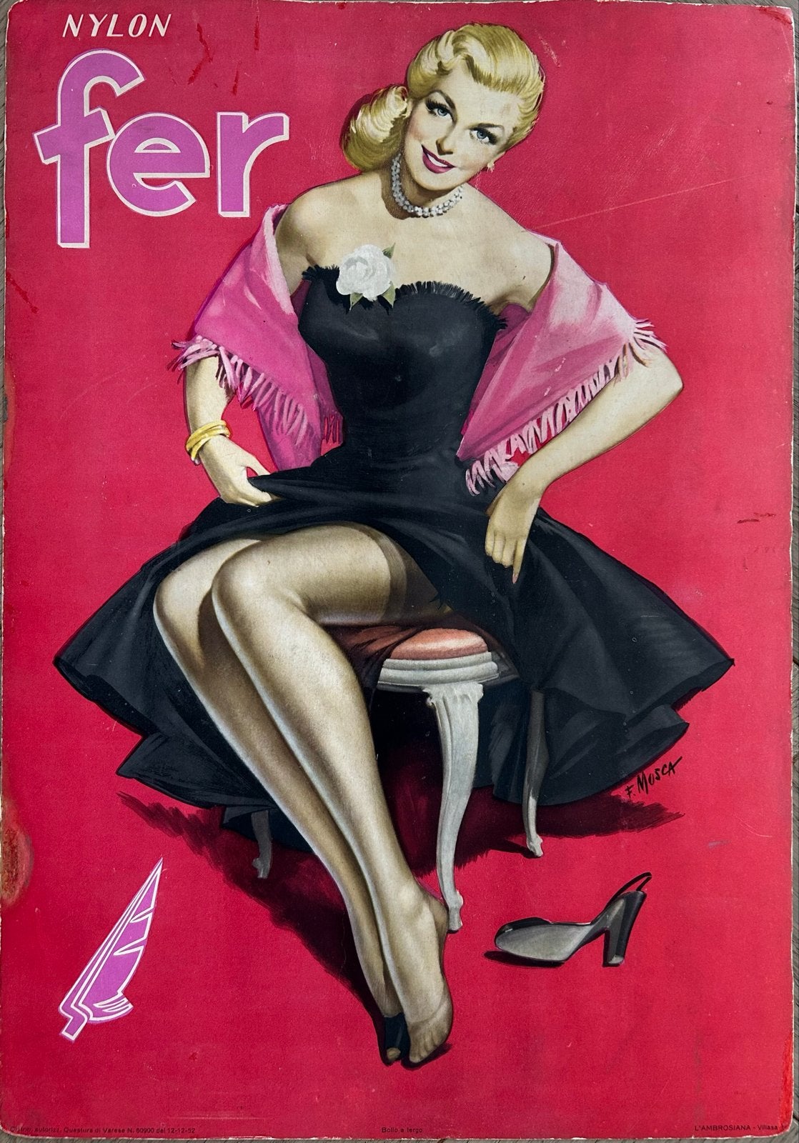 Vintage Nylon Fer 1952 gesigneerd F. Mosca!, Ophalen of Verzenden, A1 t/m A3, Overige onderwerpen, Rechthoekig Staand