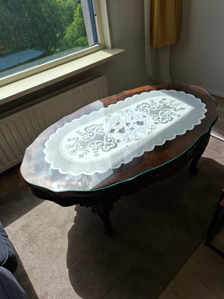 Klassieke salontafel en dressoir set, Gebruikt, 50 tot 75 cm, Glas, Ophalen of Verzenden