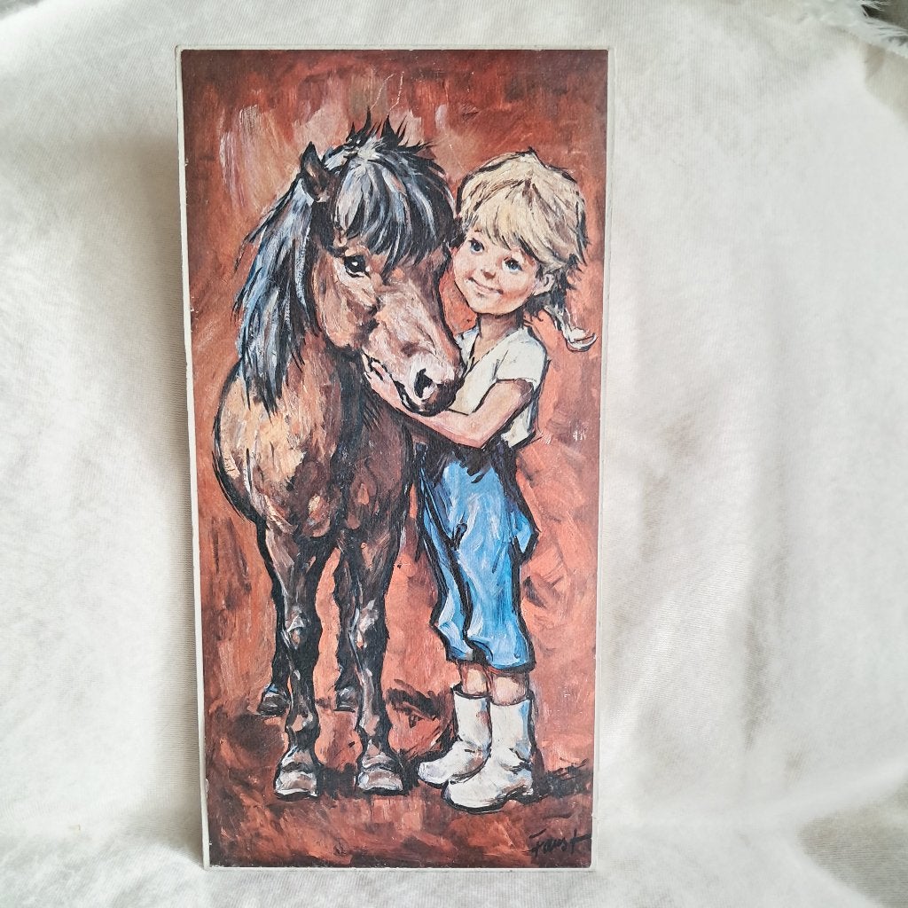 Retro Faust print op board meisje met paard 40 x 20 x 1 cm, Gebruikt, -, Faust, 20 cm