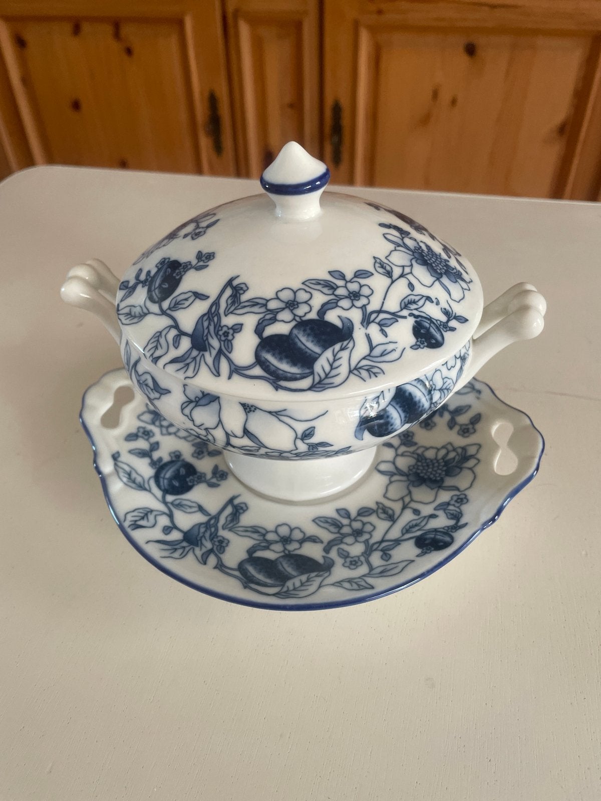 Vintage soepkom met schotel - Blauw/Wit bloemmotief, Ophalen of Verzenden