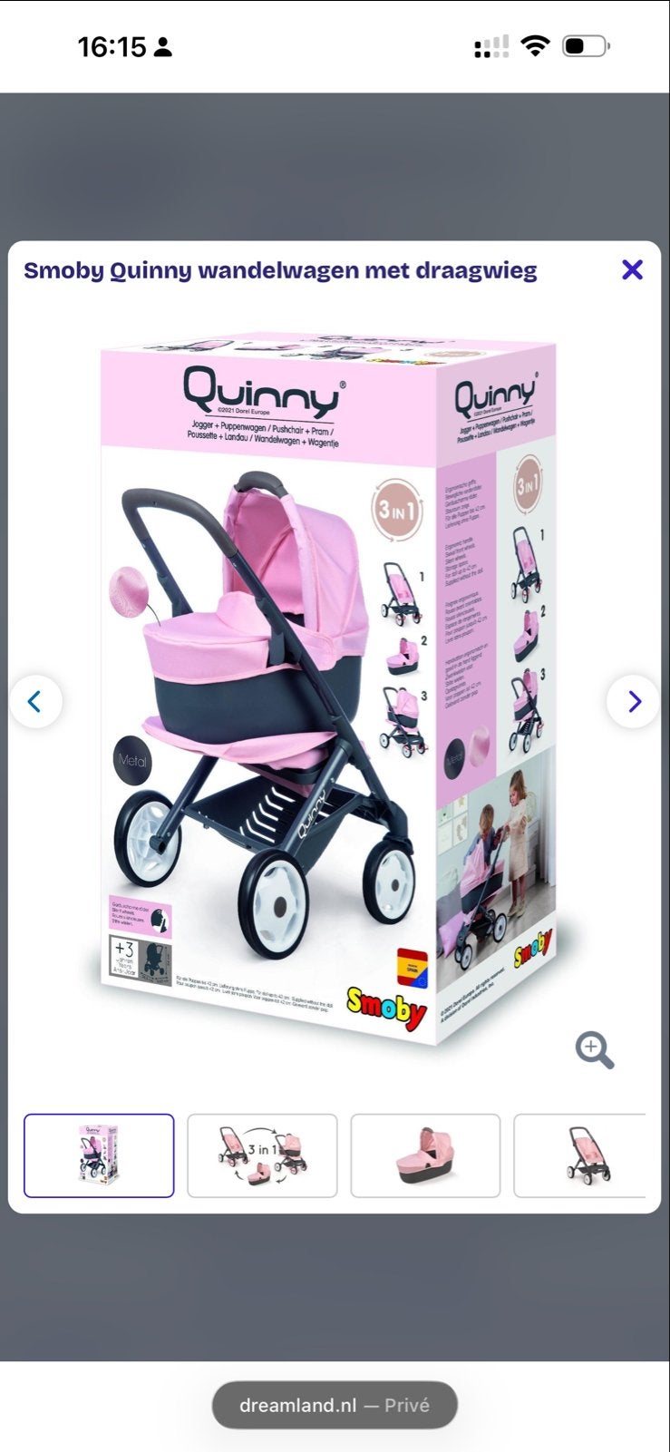 Smoby Quinny wandelwagen met draagwieg 3-in-1, Ophalen, Zo goed als nieuw, Babypop