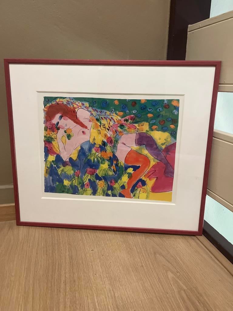 Kleurrijke ingelijste kunstprint van liggende vrouw, Ophalen of Verzenden