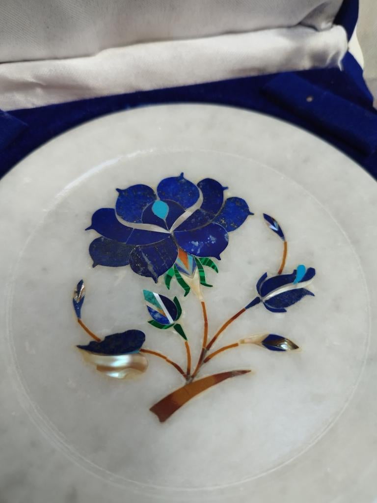 Marmeren Ingelegd edelsteen bordje Pietra Dura + doosje, Verzenden
