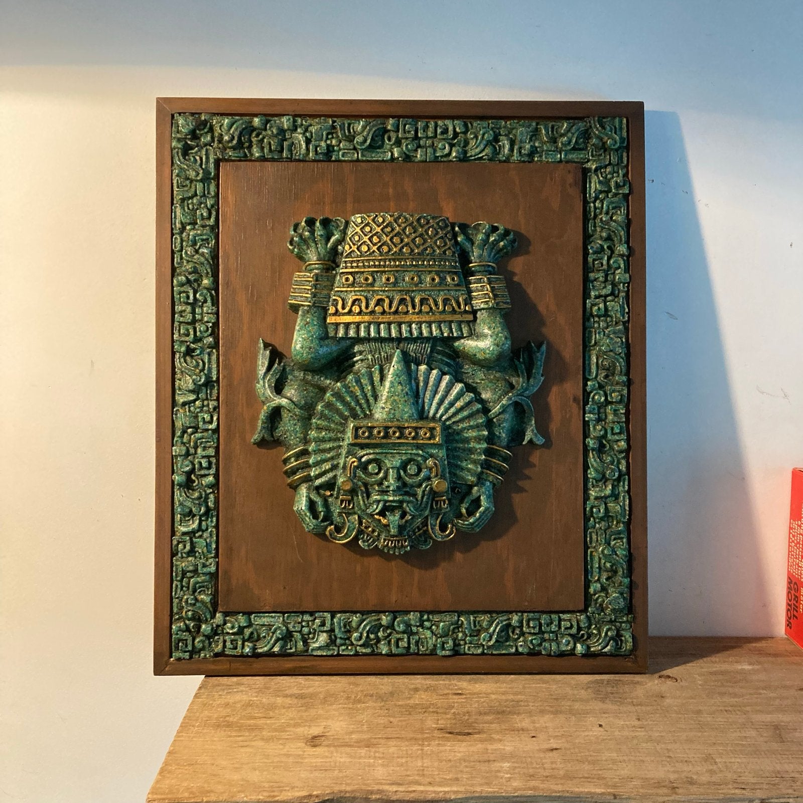 Vintage Mexicaanse wandplaquette, Azteeks/Maya stijl, Mexico, Ophalen of Verzenden, Op te hangen, Groen