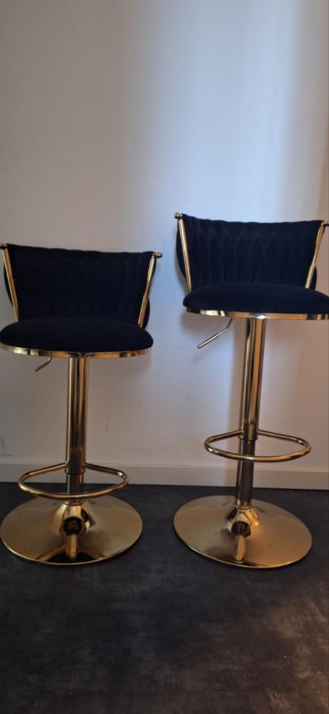 Luxe Velvet Barkrukken Zwart Goud - Verstelbaar, Huis en Inrichting, Barkrukken, Zo goed als nieuw, 60 tot 90 cm, Metaal, 2 krukken