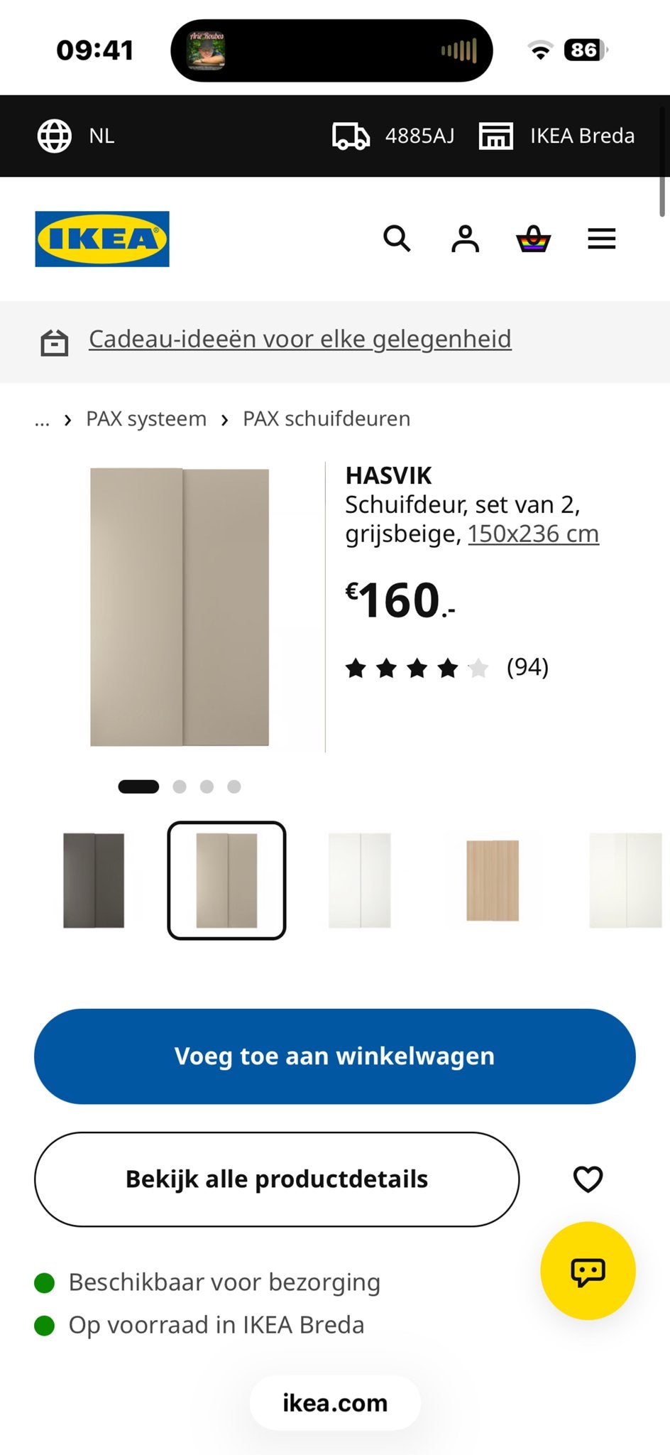 Nieuwe IKEA HASVIK schuifdeuren, grijsbeige, 150x236 cm, Ophalen, Overige materialen, 100 tot 150 cm, 200 cm of meer