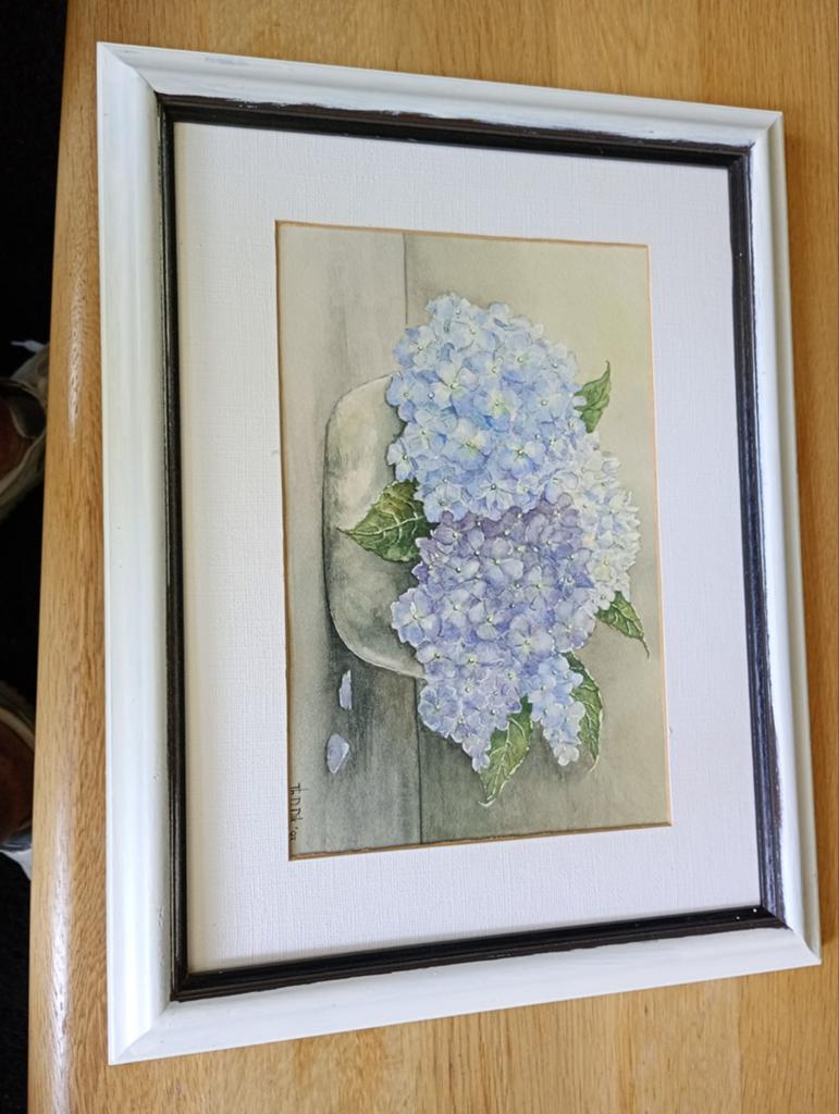 Aquarel Hortensia's in vaas - gesigneerd T.D.Dik '07, Ophalen of Verzenden