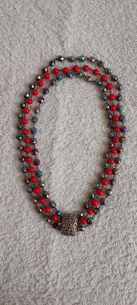 Vintage jaren 50 ketting zwart rood, Sieraden, Tassen en Uiterlijk, Kettingen, Gebruikt, Met strass, Zwart, Ophalen of Verzenden