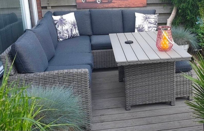 Wicker dining loungeset met grijze kussens en afdekhoes, Ophalen, Wicker, Bank, 7 zitplaatsen