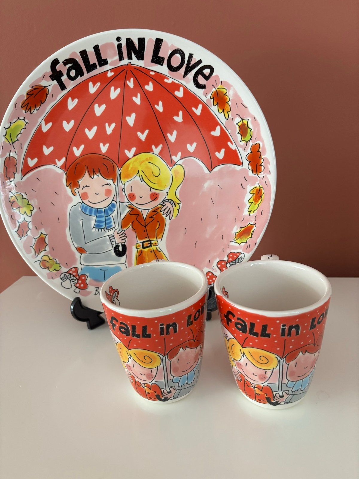 Blond Amsterdam Fall in Love bord en 2 mokken, Ophalen, Keramiek, Zo goed als nieuw, Bord(en)