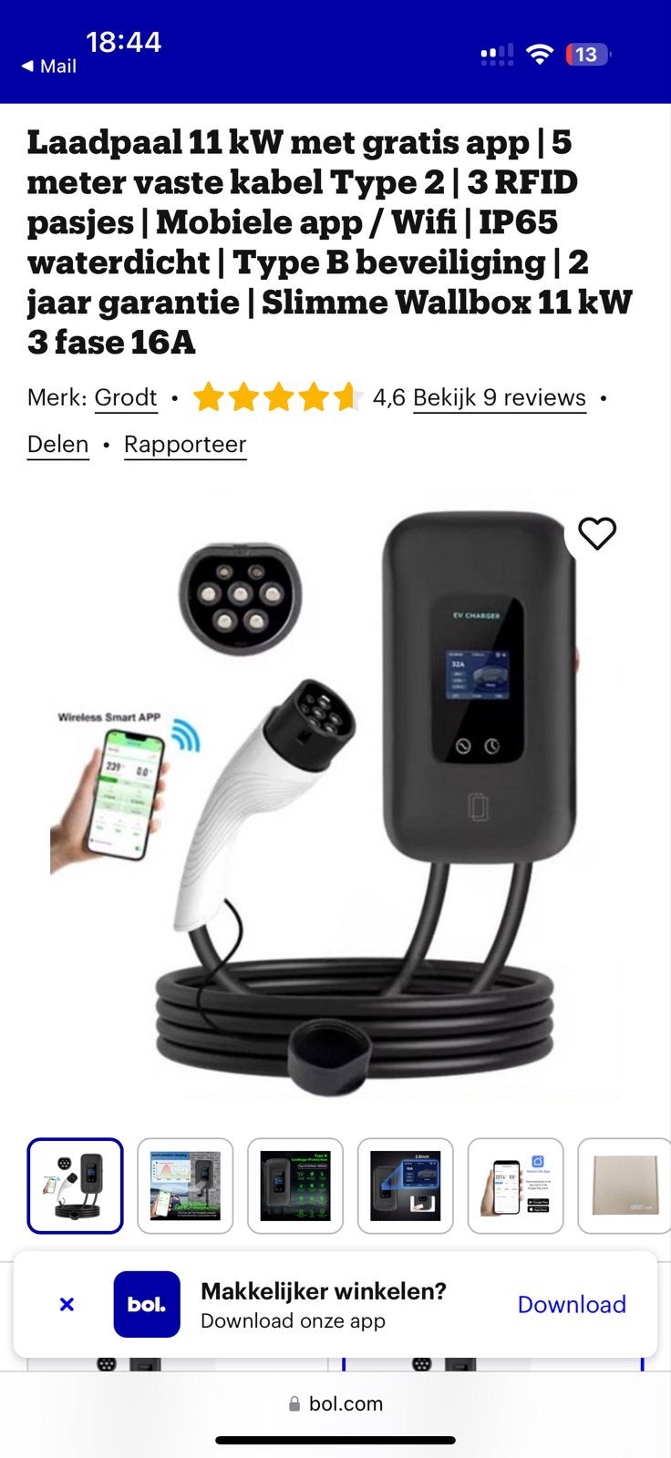 Laadpaal 11 kW met 5m kabel, Wifi, RFID, Type B beveiliging, Ophalen, Zo goed als nieuw, Laadpaal