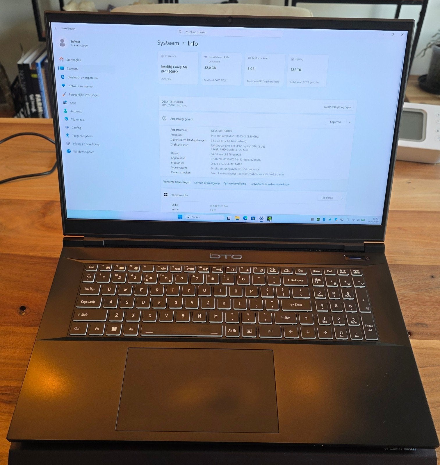 Clevo BTO Gaming Laptop i9-14900HX RTX 4060 8g, 32GB RAM 2TB, Computers en Software, Gebruikt, 32 GB, 2TB, Ophalen of Verzenden