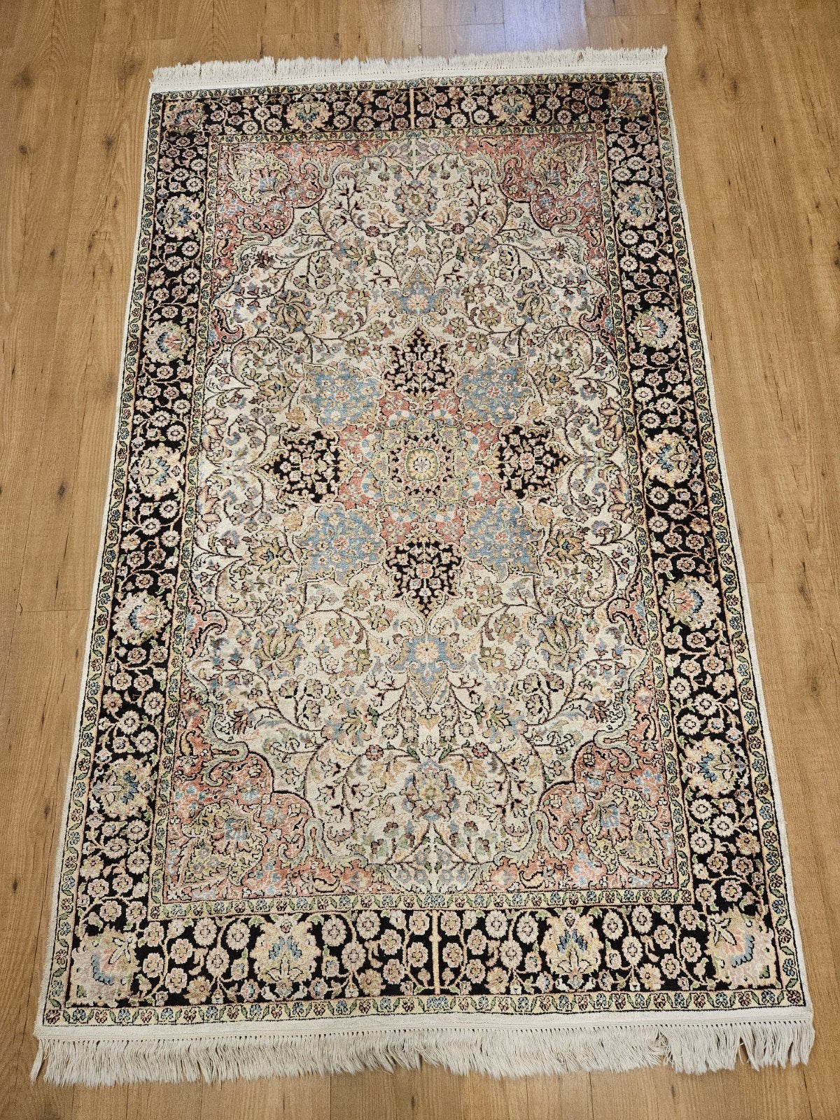 Vintage handgeknoopt perzisch tapijt kashmir zijde 201x118, Huis en Inrichting, Stoffering | Tapijten en Kleden, Tweedehands, 100 tot 150 cm
