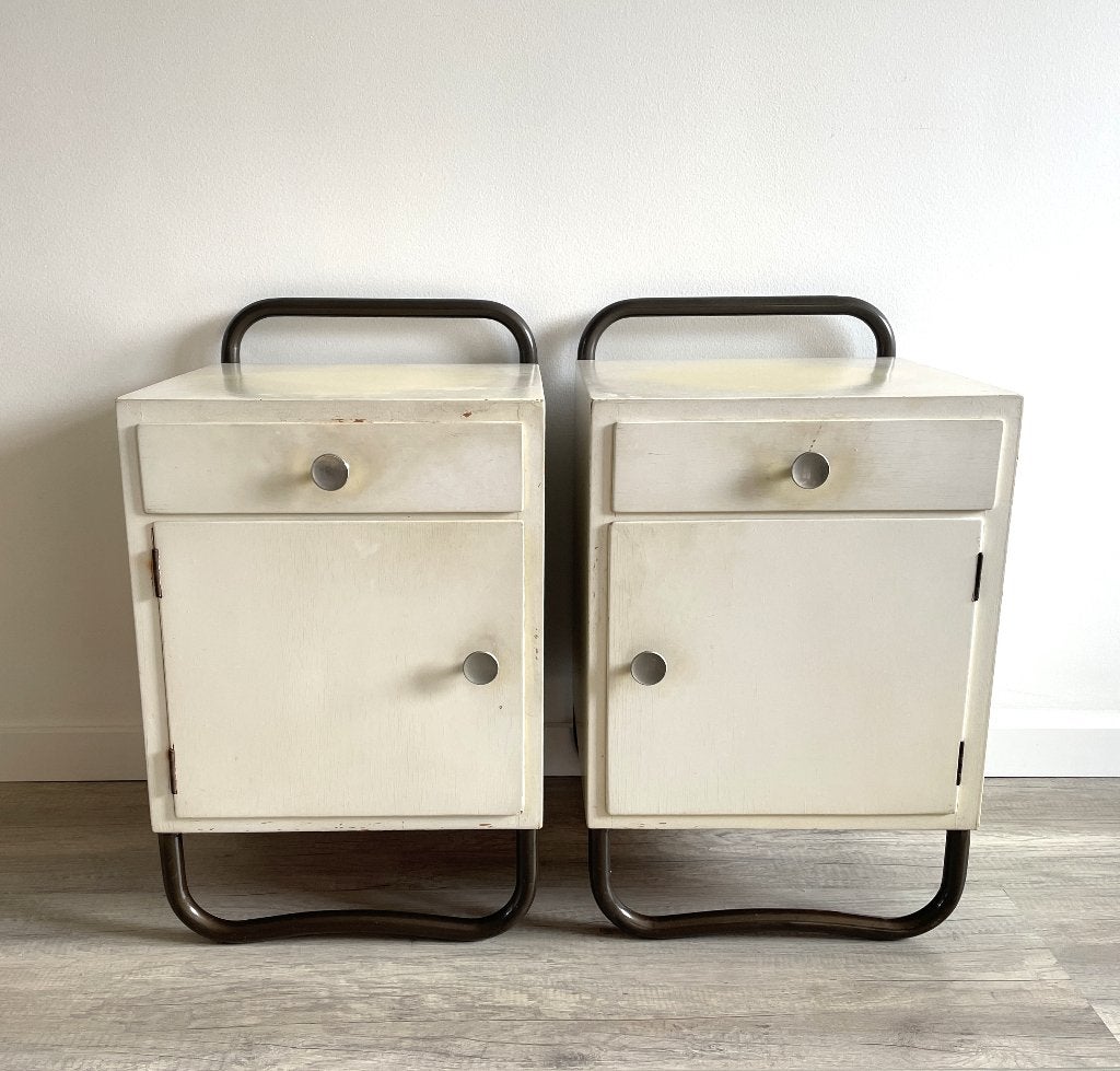 set van twee nachtkastjes Bauhaus stijl, jaren '50 vintage, Ophalen, Gebruikt, Minder dan 45 cm, Minder dan 55 cm