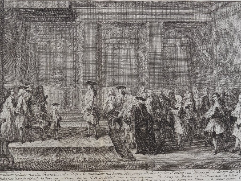 Gravure Openbaar gehoor Cornelis Hop bij Lodewijk XV 1719, Antiek en Kunst, Dagelijks leven, Ophalen of Verzenden, Gravure, Origineel