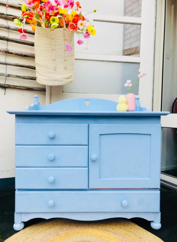 Blauwe commode met opzetstuk, 4 lades en deurtje, Ophalen, Gebruikt, 50 tot 70 cm, 75 tot 100 cm