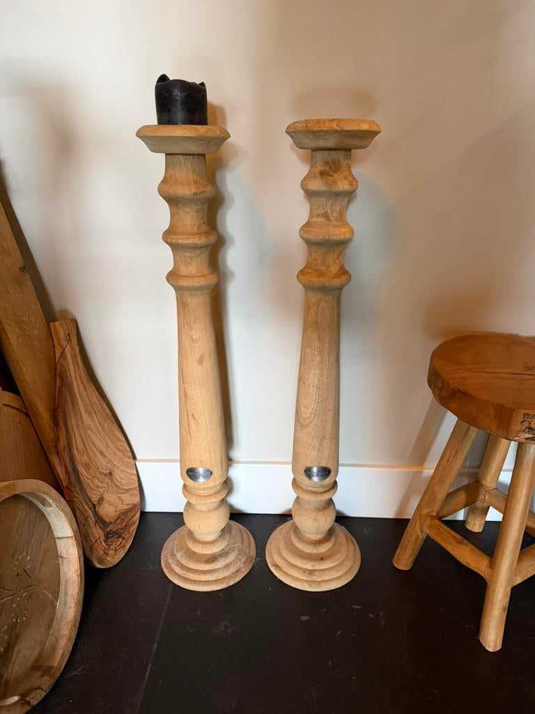 2x Houten Kaarsen kandelaars, Antiek en Kunst, Ophalen of Verzenden