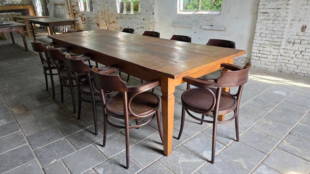 Boerentafel 280 cm  +10 bistro stoelen- cafe stoelen, Ophalen, Gebruikt, 8 stoelen of meer