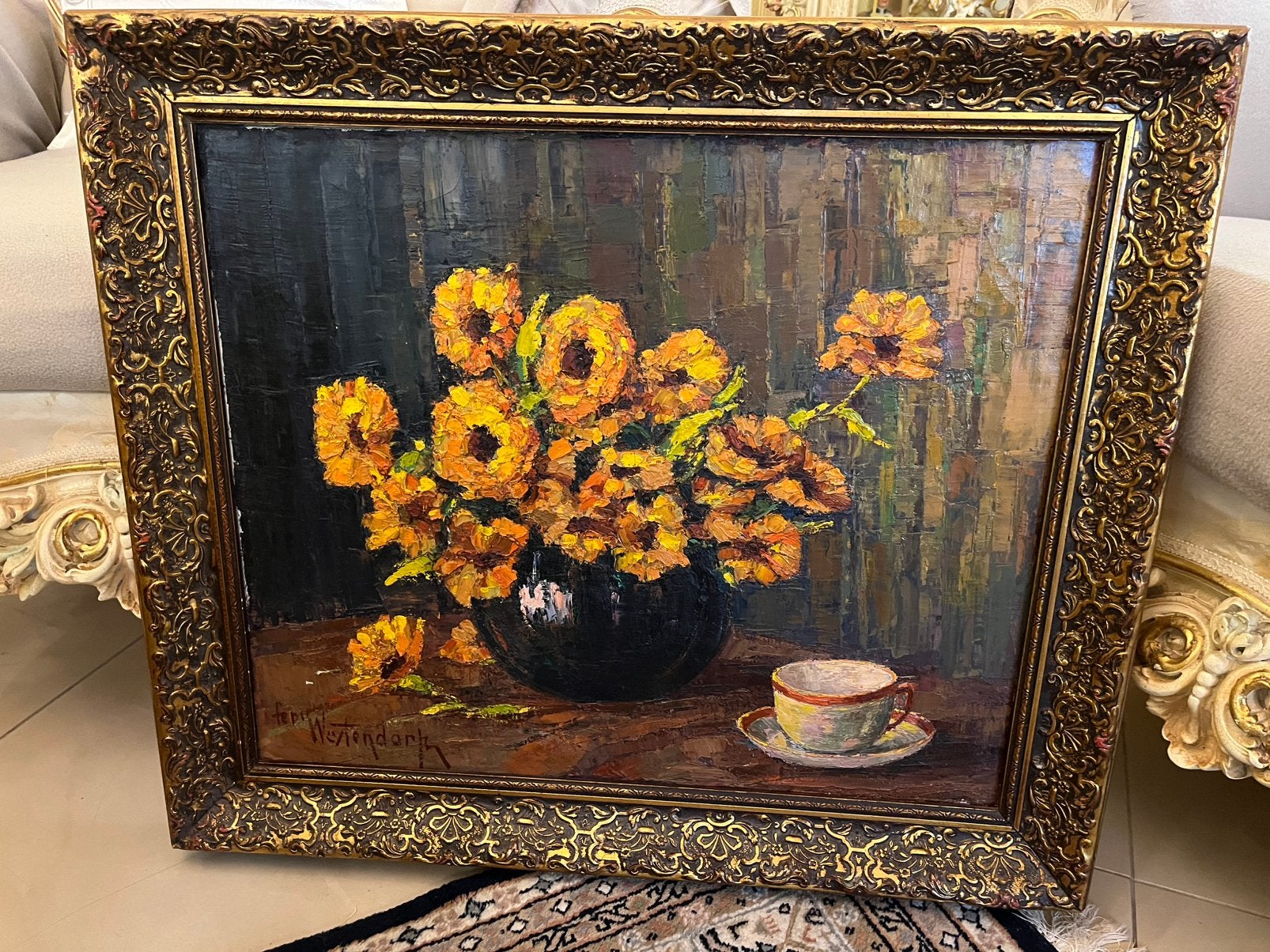 19 eeuws groot olieverf bloemen schilderij, Antiek en Kunst, Kunst | Schilderijen | Klassiek, Ophalen