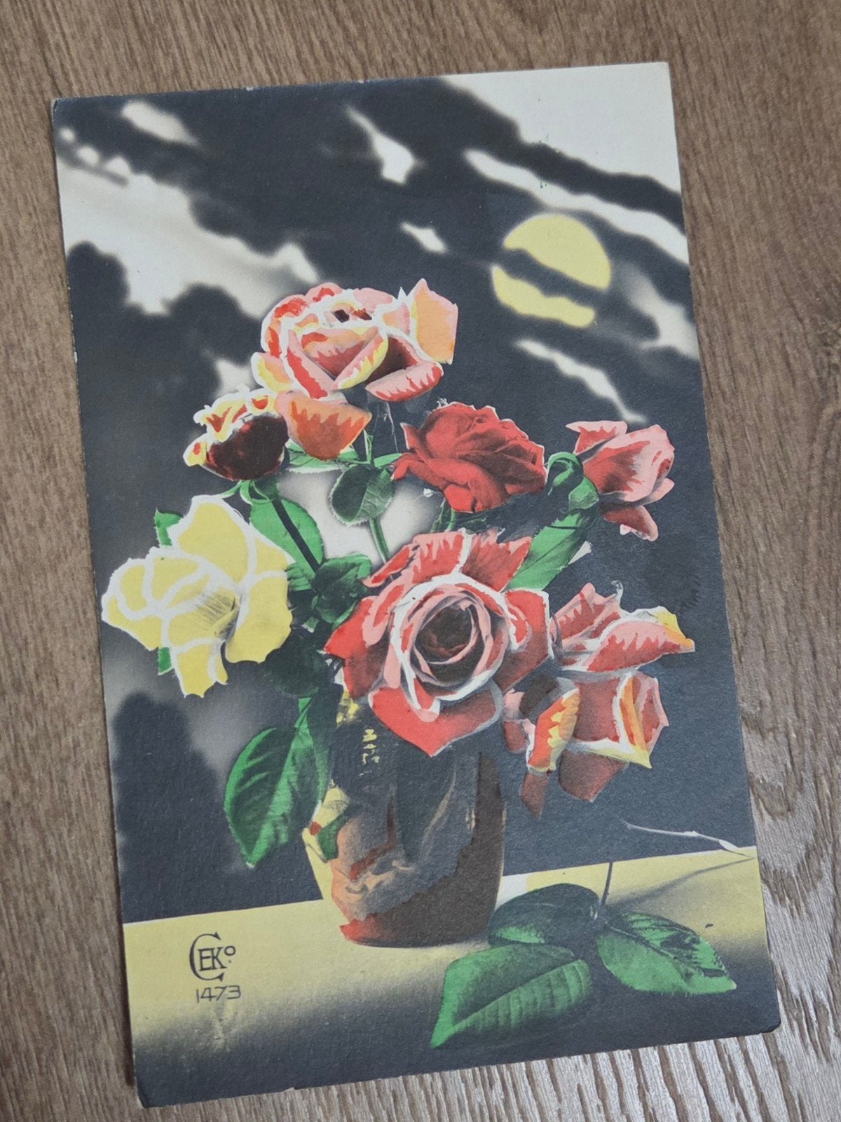 Oude ansichtkaart: Rozen in vaas, maanlicht, gestempeld 1933, Verzenden, 1920 tot 1940, Gelopen, Overige thema's